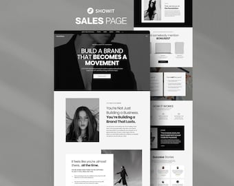 Op de afbeelding: Een website verkoop pagina ontwerp in zwart en wit. De pagina bevat de tekst "SHOWIT SALES PAGE" bovenaan. De belangrijkste kop luidt "BUILD A BRAND THAT BECOMES A MOVEMENT". Andere secties zijn "BONUSES?" en "HOW IT WORKS".