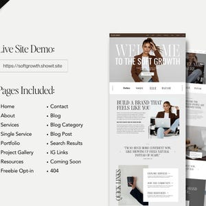 May include: A website template design titled Welcome to the Soft Growth featuring a list of included pages such as Home, About, Services, Portfolio, Project Gallery, Resources, Freebie Opt-in, Contact, Blog, Blog Category, Blog Post, Search Results, IG Links, Coming Soon, and 404.
