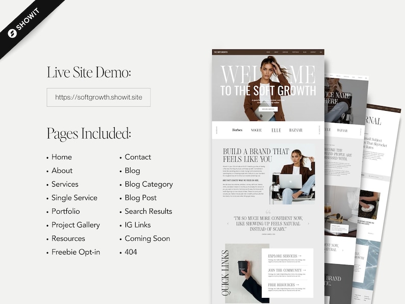 May include: A website template design titled Welcome to the Soft Growth featuring a list of included pages such as Home, About, Services, Portfolio, Project Gallery, Resources, Freebie Opt-in, Contact, Blog, Blog Category, Blog Post, Search Results, IG Links, Coming Soon, and 404.