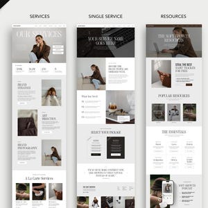 May include: Three vertical website layout templates featuring a neutral color palette with white, beige, and dark brown sections. The designs include headers labeled Our Services, Single Service, and Resources, with integrated photography, text blocks, and buttons.