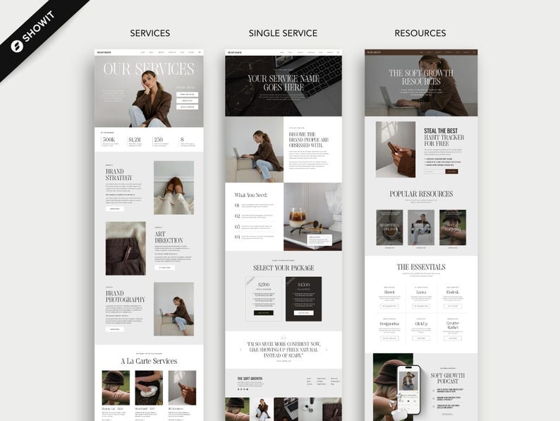 May include: Three vertical website layout templates featuring a neutral color palette with white, beige, and dark brown sections. The designs include headers labeled Our Services, Single Service, and Resources, with integrated photography, text blocks, and buttons.