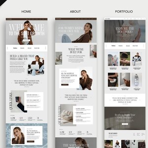 May include: Three website layout designs labeled Home, About, and Portfolio featuring a neutral color palette, serif typography, and photographic imagery. The designs include sections for brand messaging, service descriptions, and visual galleries with text.