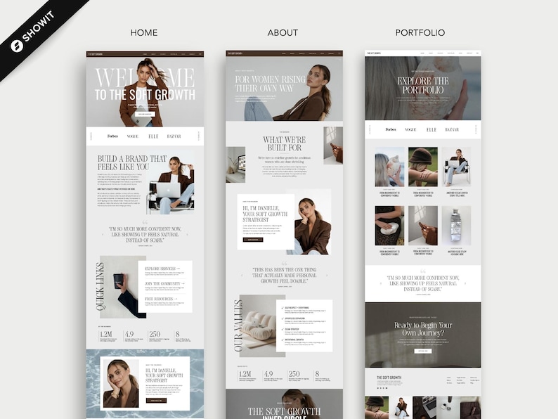 May include: Three website layout designs labeled Home, About, and Portfolio featuring a neutral color palette, serif typography, and photographic imagery. The designs include sections for brand messaging, service descriptions, and visual galleries with text.