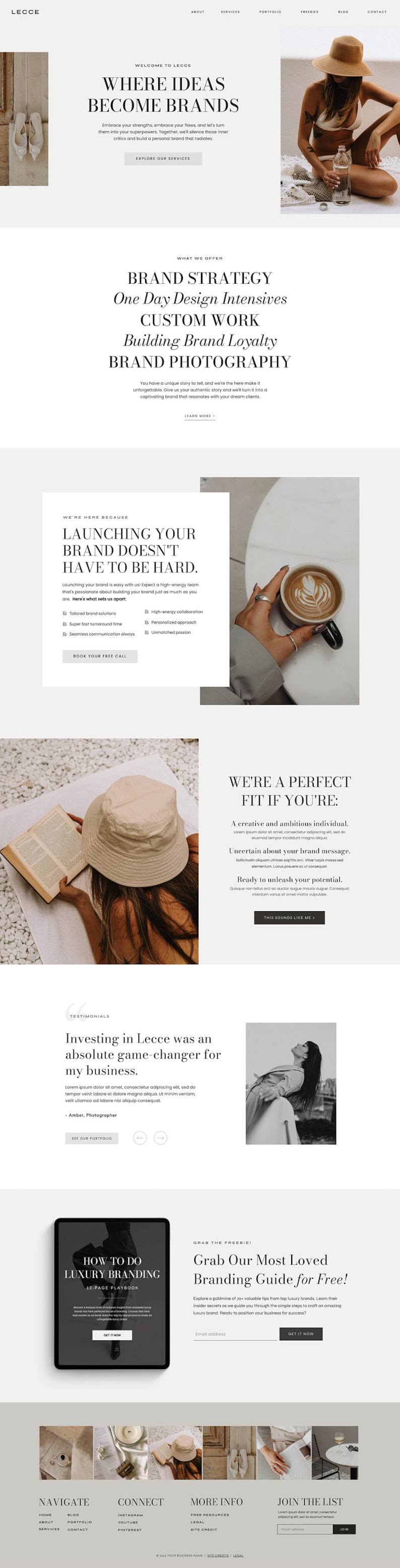 May include: A website design for the Lecce brand, showcasing services like brand strategy and photography. The site's layout includes navigation links and a call to action for a free branding guide. The design uses a clean, modern aesthetic.