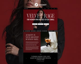 Op de afbeelding: Een website-layoutontwerp met een donkerrood en zwart kleurenschema. De koptekst toont de tekst VELVET RAGE FOR WOMEN WHO REFUSE TO PLAY SMALL. Hieronder benadrukt een sectie AUDACITY IS YOUR GREATEST BUSINESS SKILL naast een glas.