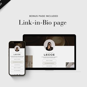 May include: A Link-in-Bio page design shown on a smartphone and a laptop. The page includes a profile photo, the name "LECCE", and several buttons. The text "BONUS PAGE INCLUDED" is above the title "Link-in-Bio page".