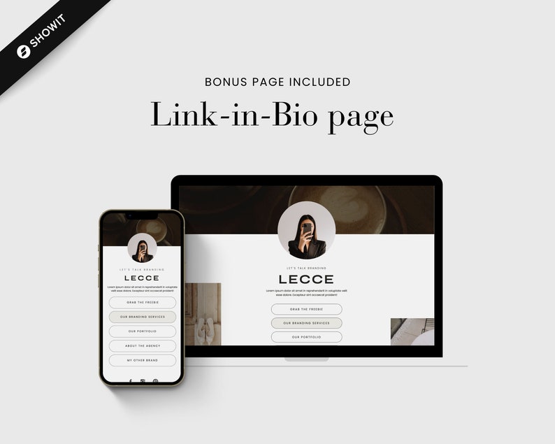 May include: A Link-in-Bio page design shown on a smartphone and a laptop. The page includes a profile photo, the name "LECCE", and several buttons. The text "BONUS PAGE INCLUDED" is above the title "Link-in-Bio page".