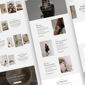 May include: A website design mockup with a clean, minimalist aesthetic. The layout features a light colour palette with sections for brand strategy, photography, and design services. Text includes "Looking for SMART BRANDING that grabs ATTENTION?" and "Let's work together."