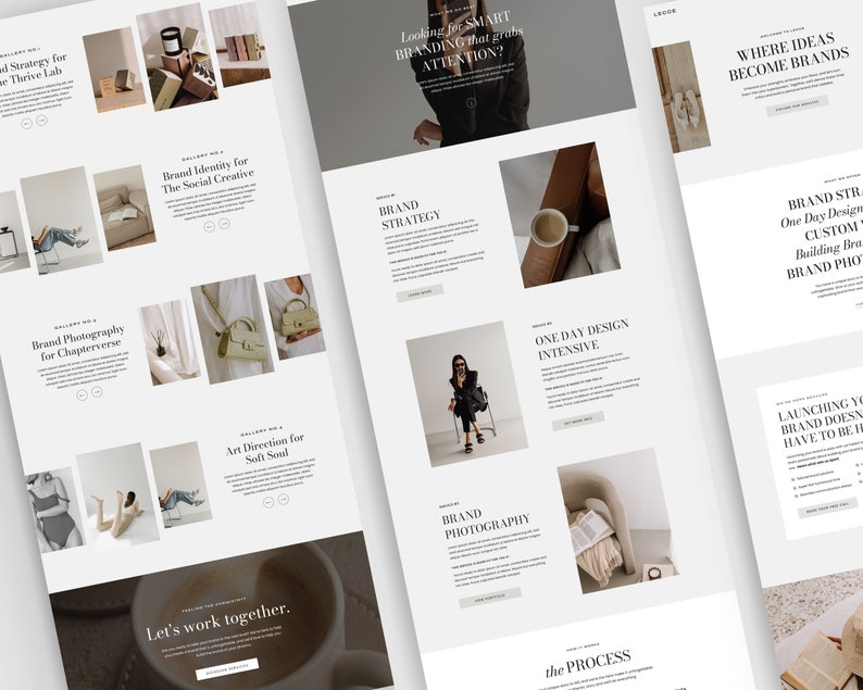 May include: A website design mockup with a clean, minimalist aesthetic. The layout features a light colour palette with sections for brand strategy, photography, and design services. Text includes "Looking for SMART BRANDING that grabs ATTENTION?" and "Let's work together."