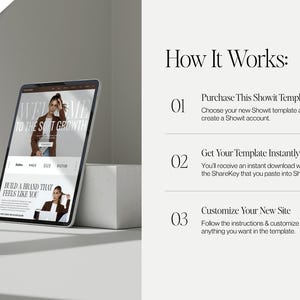 May include: A tablet displays a website with the text "WELCOME TO THE SOFT GROWTH" and "BUILD A BRAND THAT FEELS LIKE YOU." The image also includes the text "How It Works" and instructions for purchasing and customizing a Showit template.