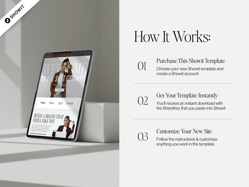 May include: A tablet displays a website with the text "WELCOME TO THE SOFT GROWTH" and "BUILD A BRAND THAT FEELS LIKE YOU." The image also includes the text "How It Works" and instructions for purchasing and customizing a Showit template.