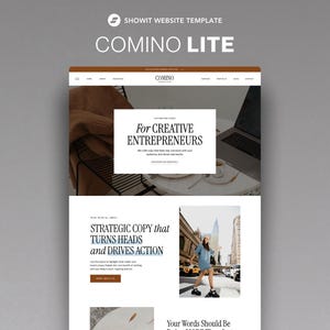 May include: A website template titled "COMINO LITE" with a clean, modern design. The top section features the text "For CREATIVE ENTREPRENEURS" in a white box. The lower section includes the text "STRATEGIC COPY that TURNS HEADS and DRIVES ACTION".