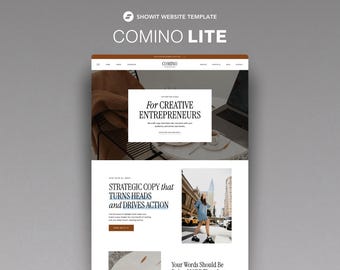 Op de afbeelding: Een website template genaamd "COMINO LITE" met een modern ontwerp. De bovenste sectie toont de tekst "For CREATIVE ENTREPRENEURS" in een wit kader. De onderste sectie bevat de tekst "STRATEGIC COPY that TURNS HEADS and DRIVES ACTION".
