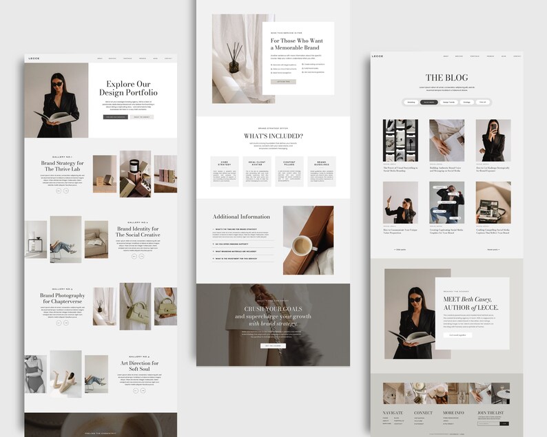 Minimalist, Elegant, Aesthetic Showit website template with more than 10 pages, including services page, single service page, portfolio and blog pages.