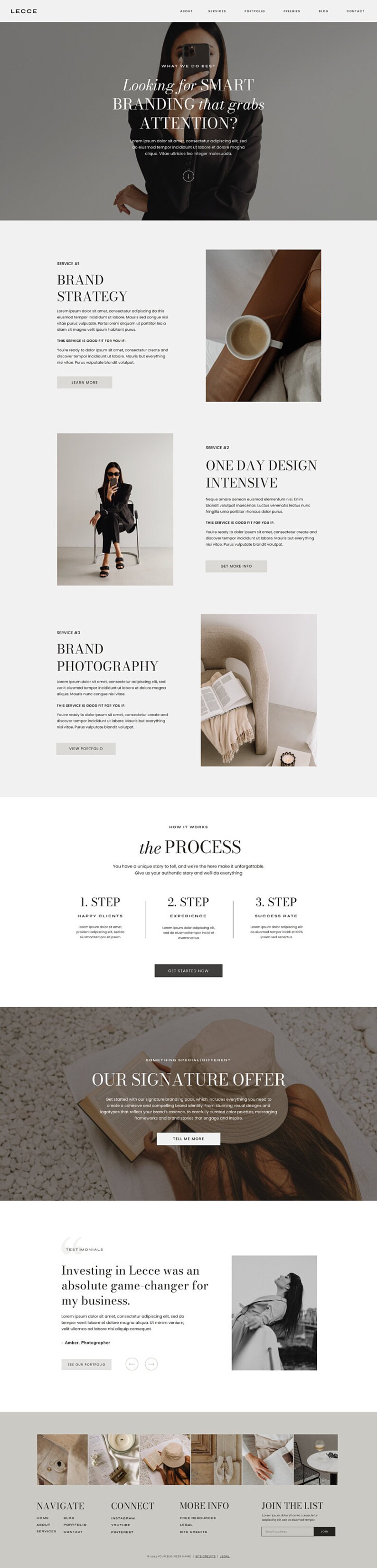 May include: Website design with the text "LECCE" at the top. The page features sections on brand strategy, one-day design, and brand photography. A woman is holding a phone. The site offers a signature branding pack.