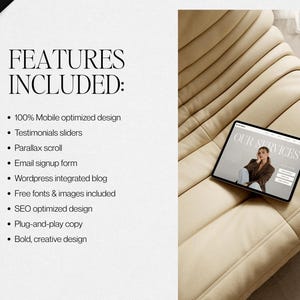 May include: A digital tablet displaying a website with the text "OUR SERVICES" rests on a beige, quilted surface. The tablet's screen features a woman in a brown jacket. The image also includes a list of features, such as "100% Mobile optimized design".
