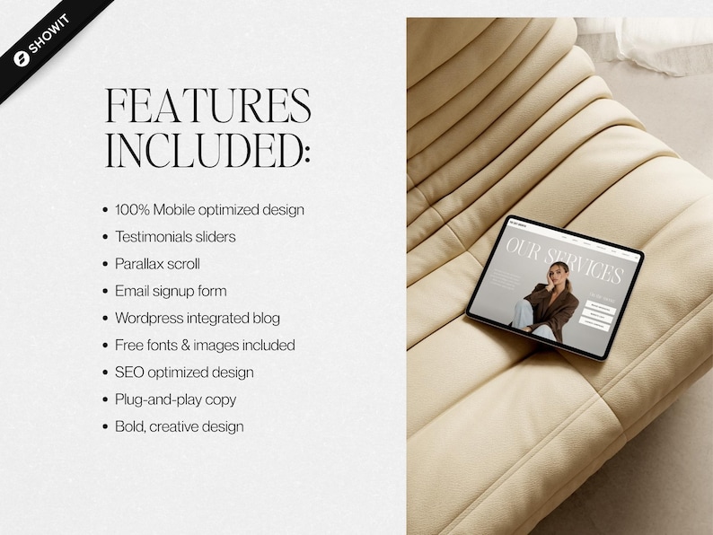May include: A digital tablet displaying a website with the text "OUR SERVICES" rests on a beige, quilted surface. The tablet's screen features a woman in a brown jacket. The image also includes a list of features, such as "100% Mobile optimized design".