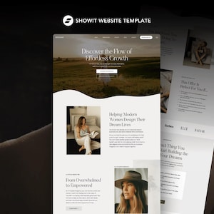 May include: A website template design with a clean, modern aesthetic. The design features a light colour palette with images and text. The text includes the phrases "Discover the Flow of Effortless Growth" and "Helping Modern Women Design Their Dream Lives."
