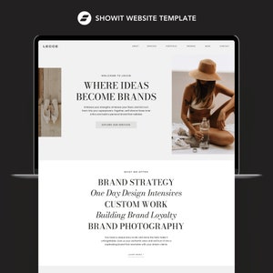 May include: A laptop screen showing a website template with the text "WHERE IDEAS BECOME BRANDS". The website advertises services including Brand Strategy and Brand Photography. The Showit Website Template logo is visible.