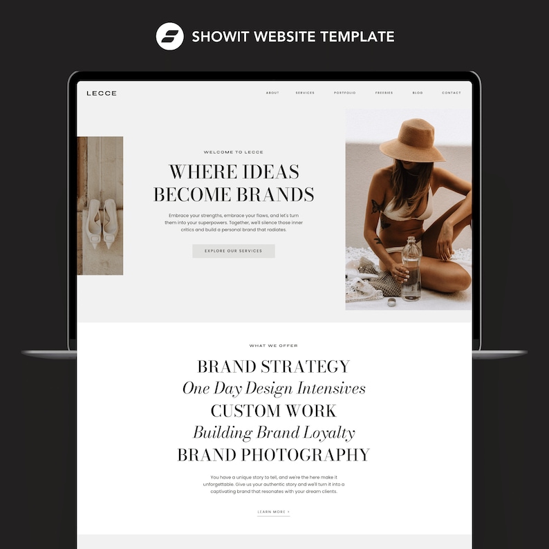 May include: A laptop screen showing a website template with the text "WHERE IDEAS BECOME BRANDS". The website advertises services including Brand Strategy and Brand Photography. The Showit Website Template logo is visible.