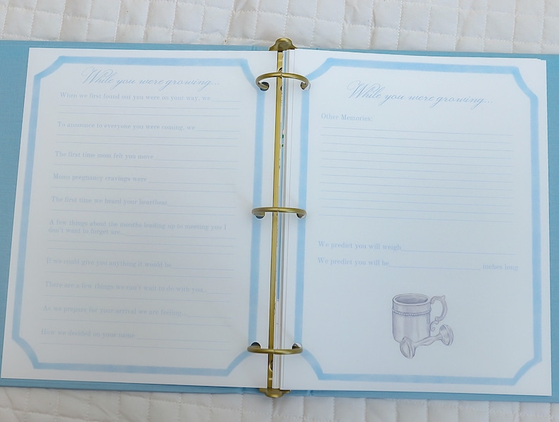May include: A blue and white baby memory book with the text "While you were growing" on the cover. The book has a binder style with gold rings. The inside pages have lines for writing memories.