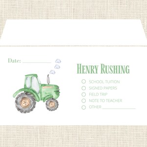 Personalized Envelopes School - Set of 25 -  Tractor - Envelopes for field trip, tuition money, etc. / Back to school
