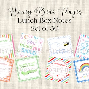May include: Set of 50 colorful lunchbox notes with various designs and messages. The notes feature a bee, a worm, a rainbow, smiley faces, and bubbles. The notes are printed on white cardstock with a variety of patterns.