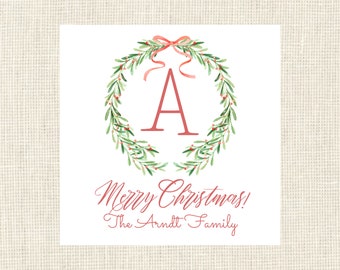 Personalized Christmas Gift Tags Watercolor Monogram - Custom Gift Tags -Wreath Gift Tags - Family Gift Tags - Favor Tags