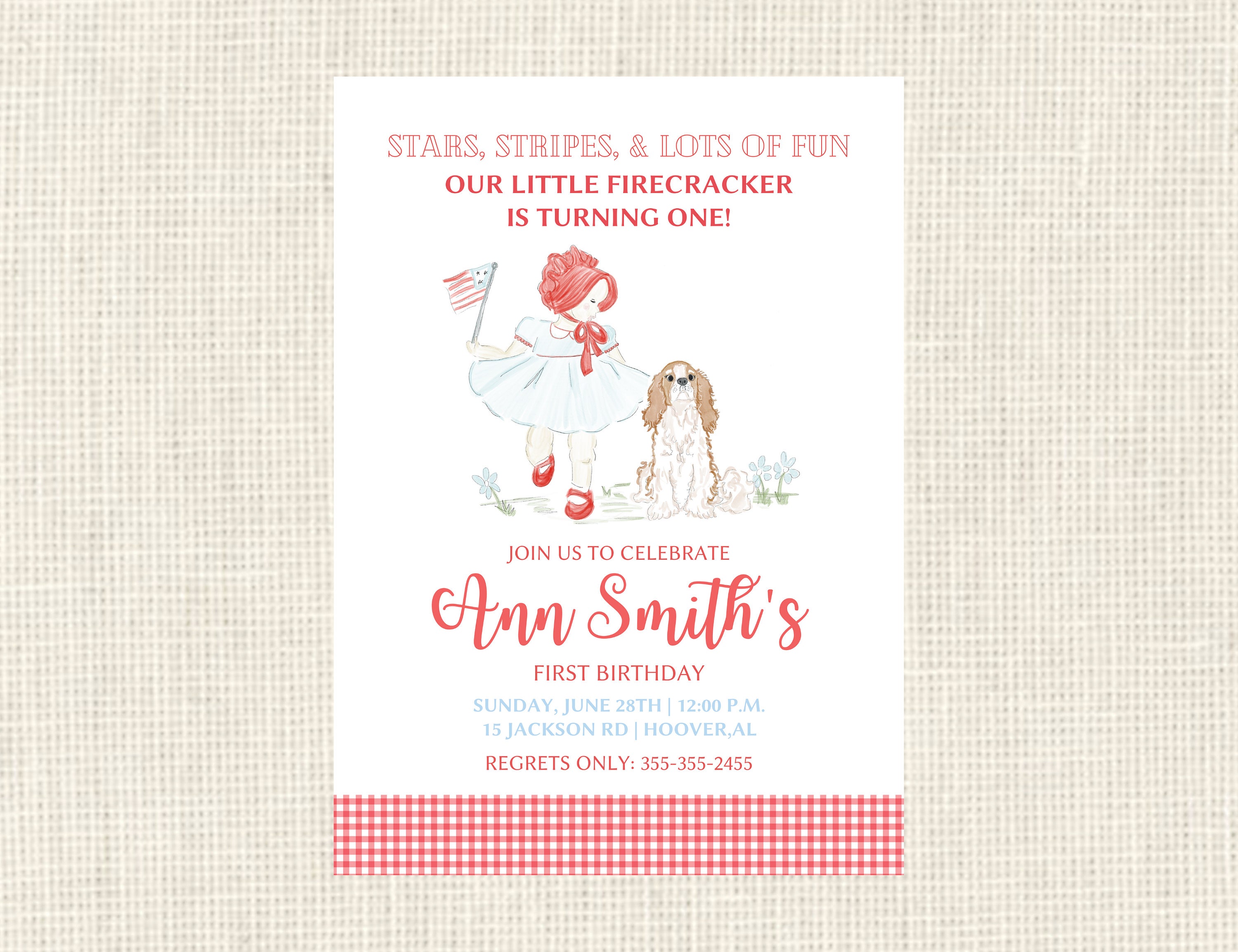 Red, White, and Two Birthday Invitations Watercolor, Golden Doodle,  Cavalier, Classic, Girl, Flag Party -  Denmark