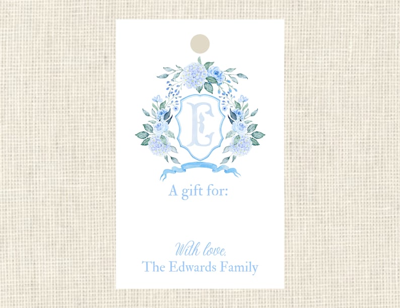 Watercolor Blue Floral Crest Monogram Gift Tags / Hang Tags image 0