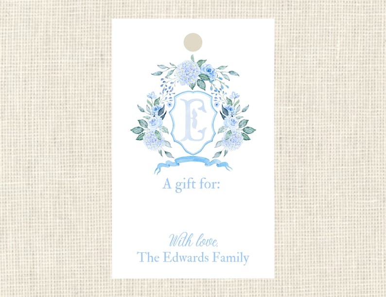 Watercolor Blue Floral Crest Monogram Gift Tags / Hang Tags image 0