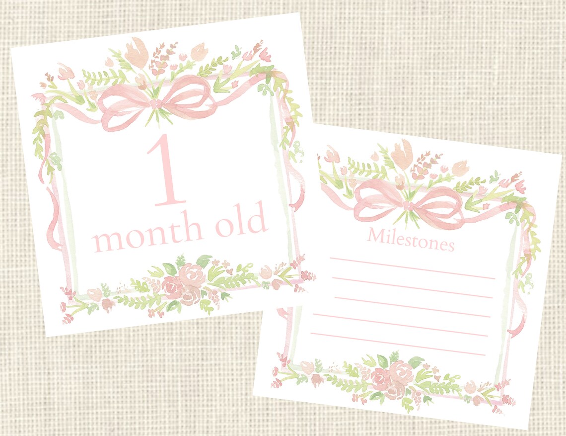 Watercolor Pink Baby Milestone Cards / Floral Crest / Gift / Baby ...