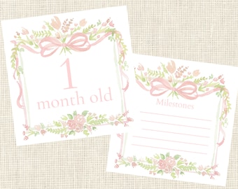 Watercolor Pink Baby Milestone Cards / Floral Crest / Gift / Baby Shower / Classic