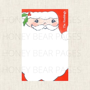 May include: A rectangular Christmas-themed stationery design featuring a cartoon Santa Claus illustration. The top border is red with a Santa hat design, holly, and the text "The Rushings". The bottom portion is white, providing space for text.