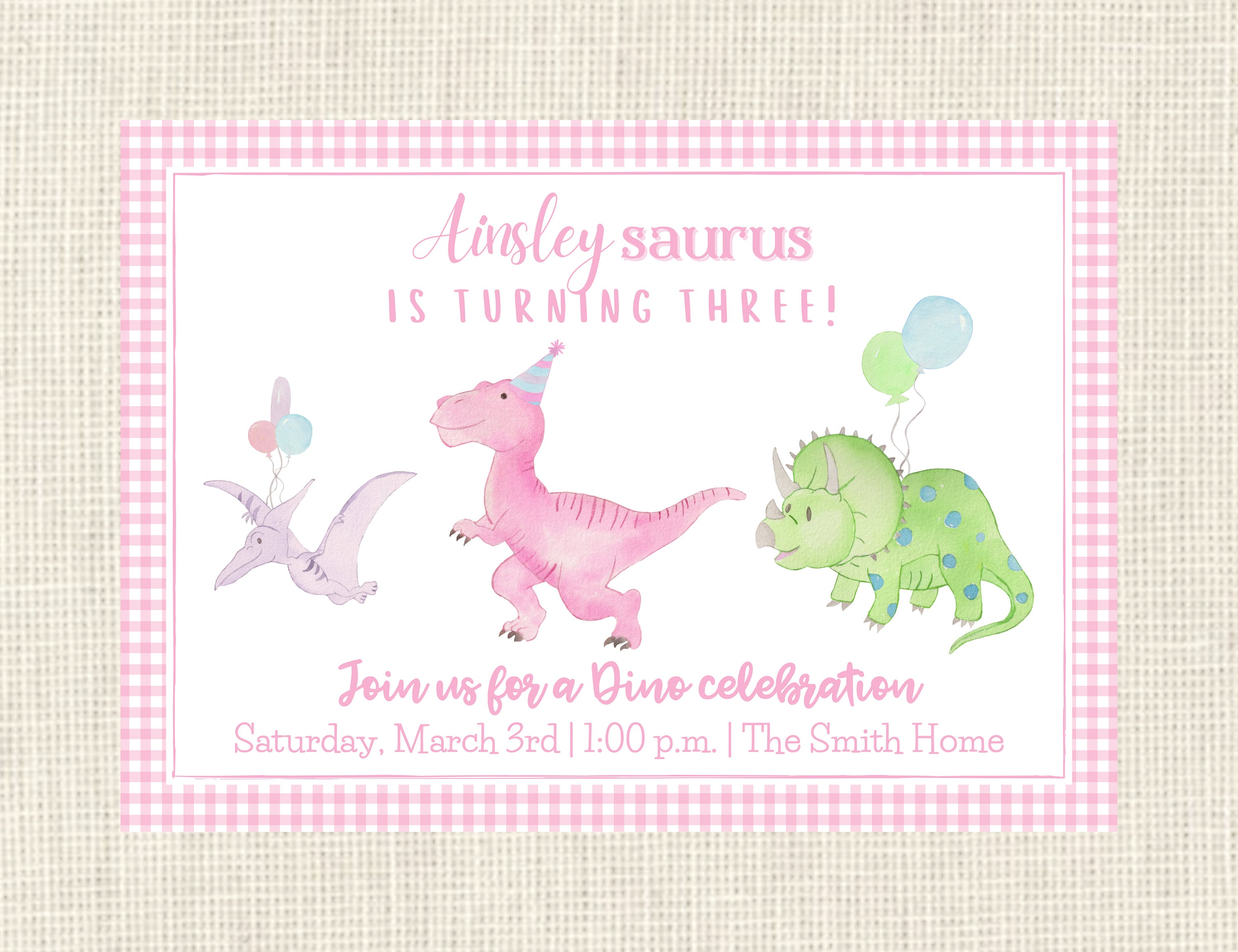 Watercolor Dinosaur Girl Birthday Invitation 