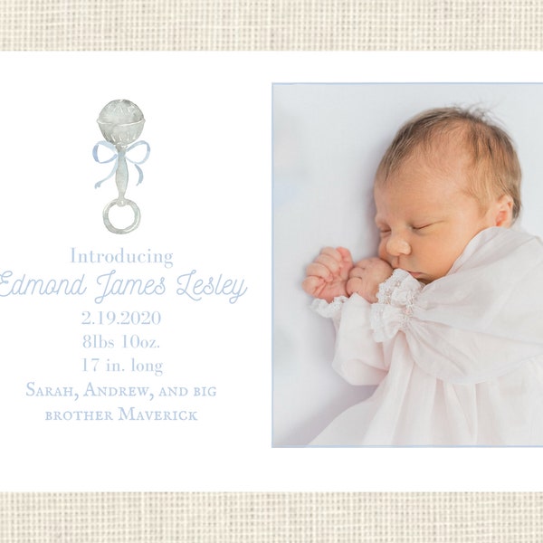Watercolor Baby Blue Silver Rattle Birth Announcement  - Two Sided - Classic 