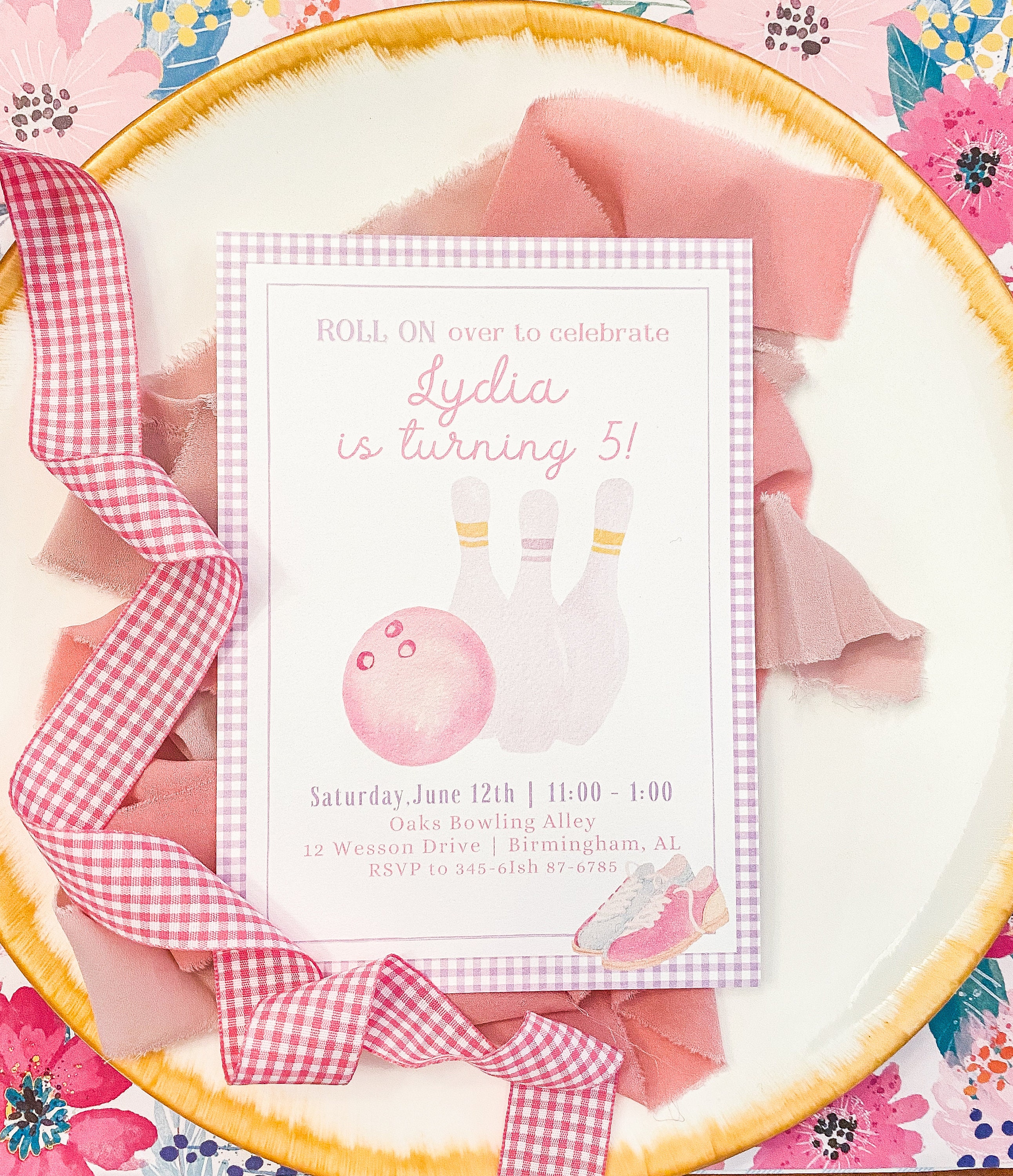 Watercolor Bowling Birthday Invitation 