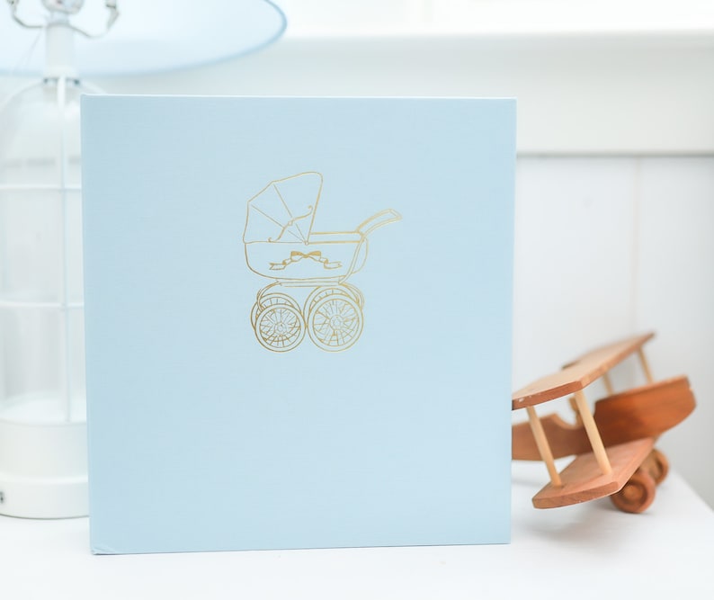 May include: A light blue baby photo album with a gold embossed image of a baby carriage on the front cover.