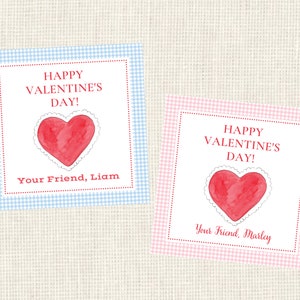 Valentine Class Tags or Stickers, Watercolor, Printed / Set of 25 