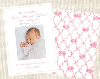 Watercolor Pink Bow Birth Announcement  -Baby girl - Two Sided - Classic