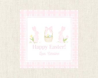 May include: Pink and white gingham card with two pink bunnies holding a basket of colorful Easter eggs. The card says "Happy Easter! Love, Caroline."