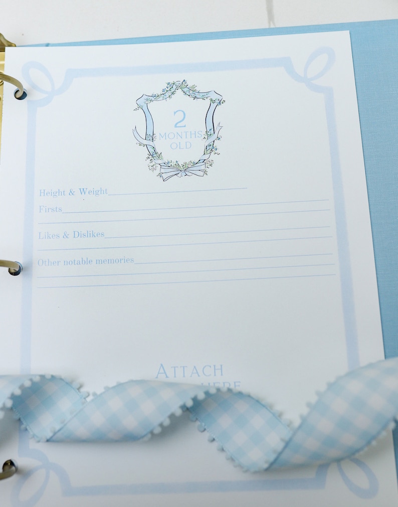 May include: A blue and white baby memory book page with a decorative border and a crest that says "2 Months Old". The page has lines for recording height, weight, firsts, likes and dislikes, and other notable memories.