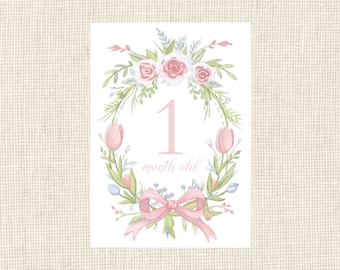 Watercolor Pink Baby Milestone Cards / Floral Crest / Gift / Baby Shower / Classic