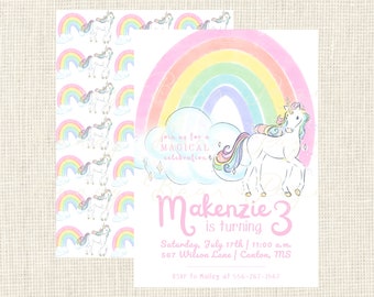 Magical Unicorn Birthday party Invitations / Watercolor