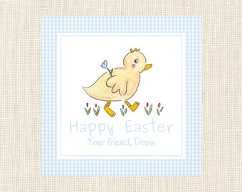 May include: A yellow chick with a blue flower on its back walks through a field of green grass with red flowers. The text "Happy Easter" and "Your friend, Drew" is below the chick.