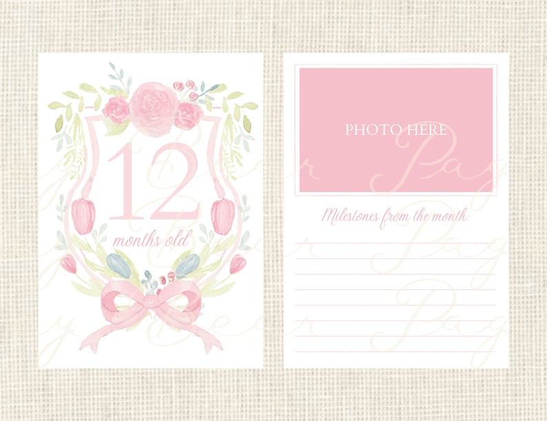 Watercolor Baby Milestone Cards Two Sided / Floral Crest / Gift / Baby ...