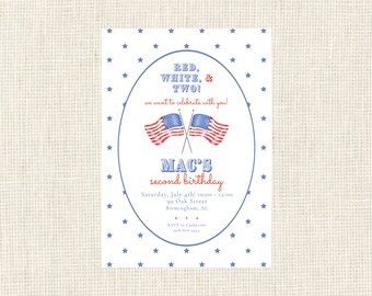 Red, White, and Two Blue / Fourth of July Birthday Invitations Watercolor Crest / Fireworks