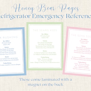 Emergency Reference Card for Refrigerator / babysitter note