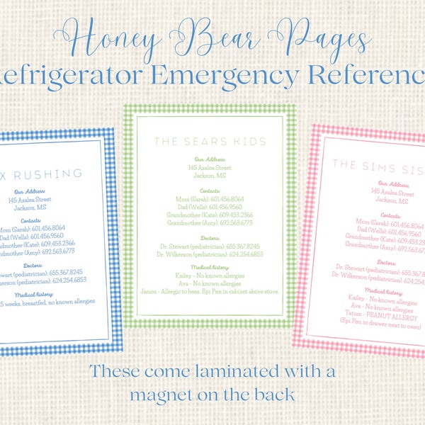 Emergency Reference Card for Refrigerator / babysitter note