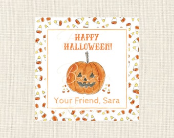 May include: Square Halloween-themed card with a watercolor pumpkin and candy corn border. The card reads "HAPPY HALLOWEEN!" and "Your Friend, Sara" in orange text. The background is white.